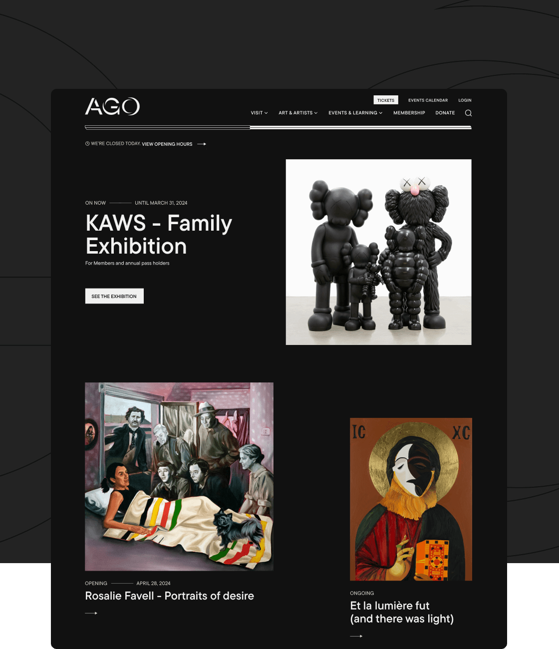 A screenshot of the AGO website, featuring pictures of artwork from the museum