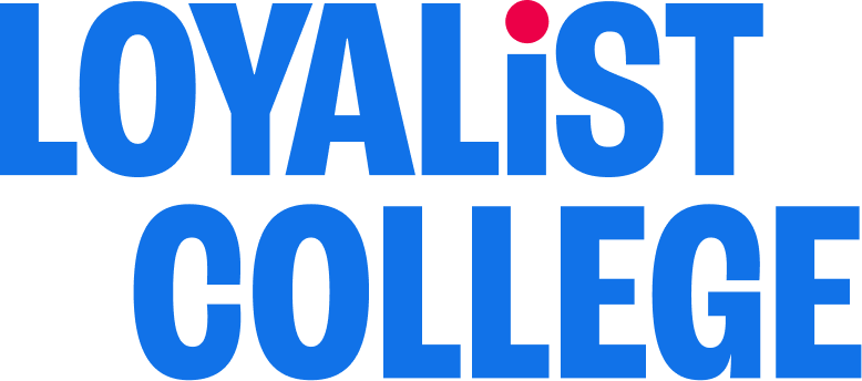 The Loyalist College logo, that reads Loyalist College in blue with a red dot on the i