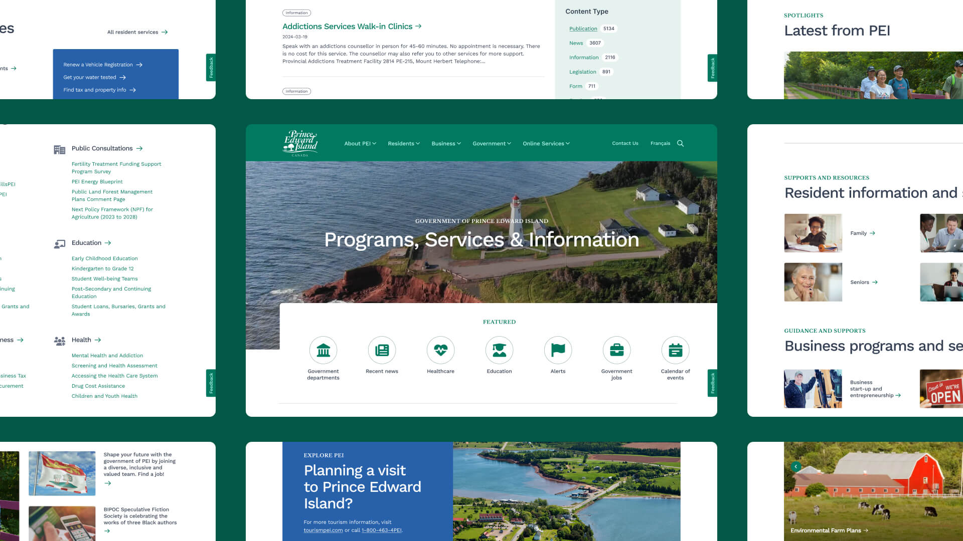 9 screenshots of different pages from the Government of PEI website