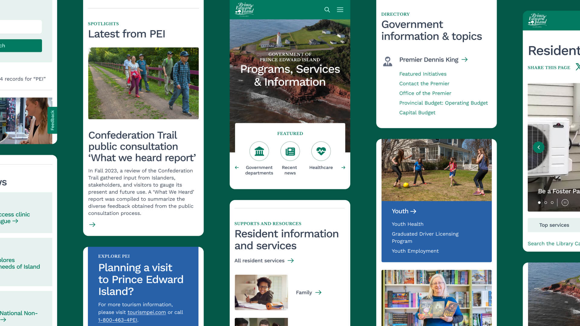 Screenshots of many different pages of the Government of PEI website
