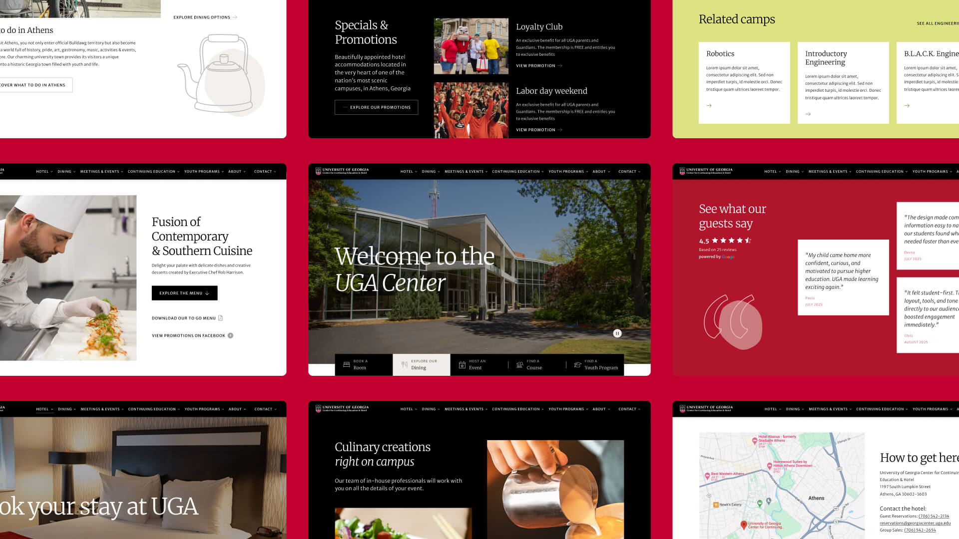 Nine screenshots of the UGA Center website, showcasing different pages