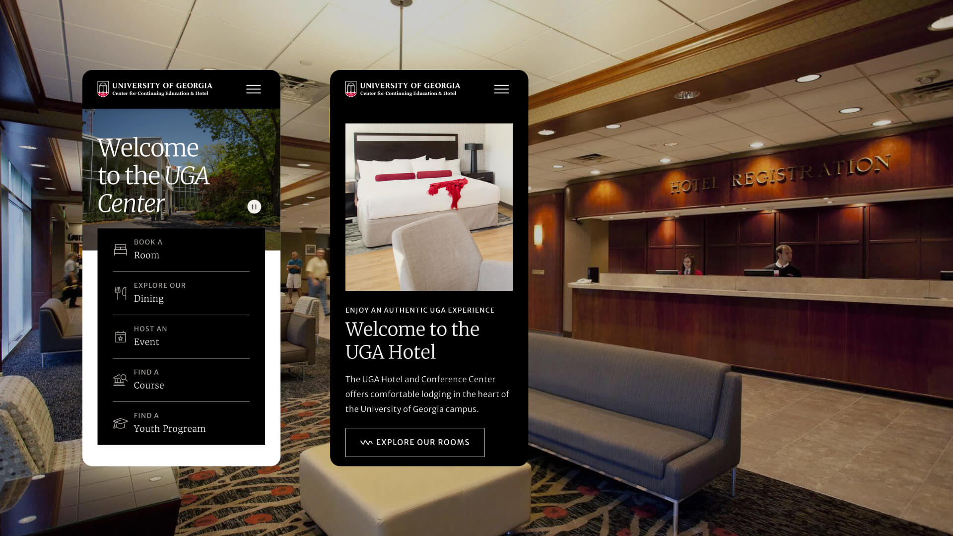 A photo of the UGA Hotel lobby, with overlays showcasing the mobile website