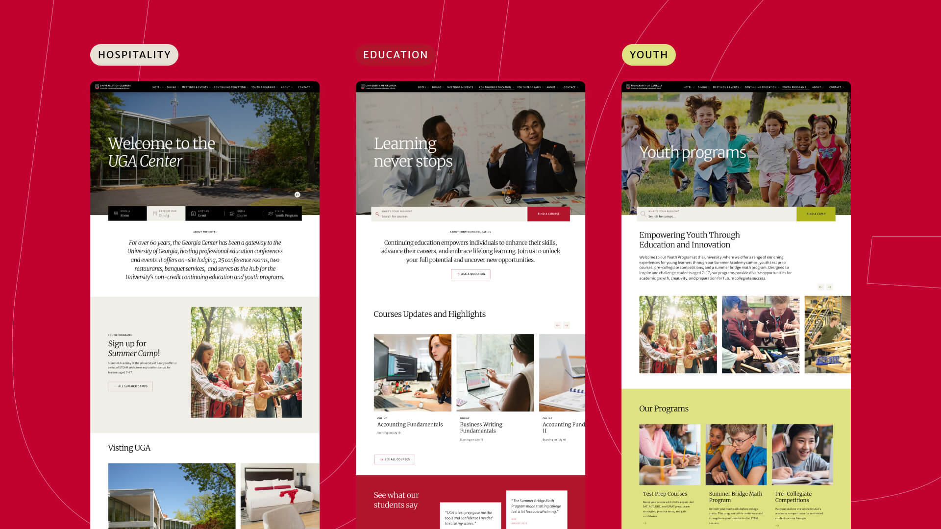Screenshots, showcasing different themes from the UGA Center website: Hospitality, Education and Youth