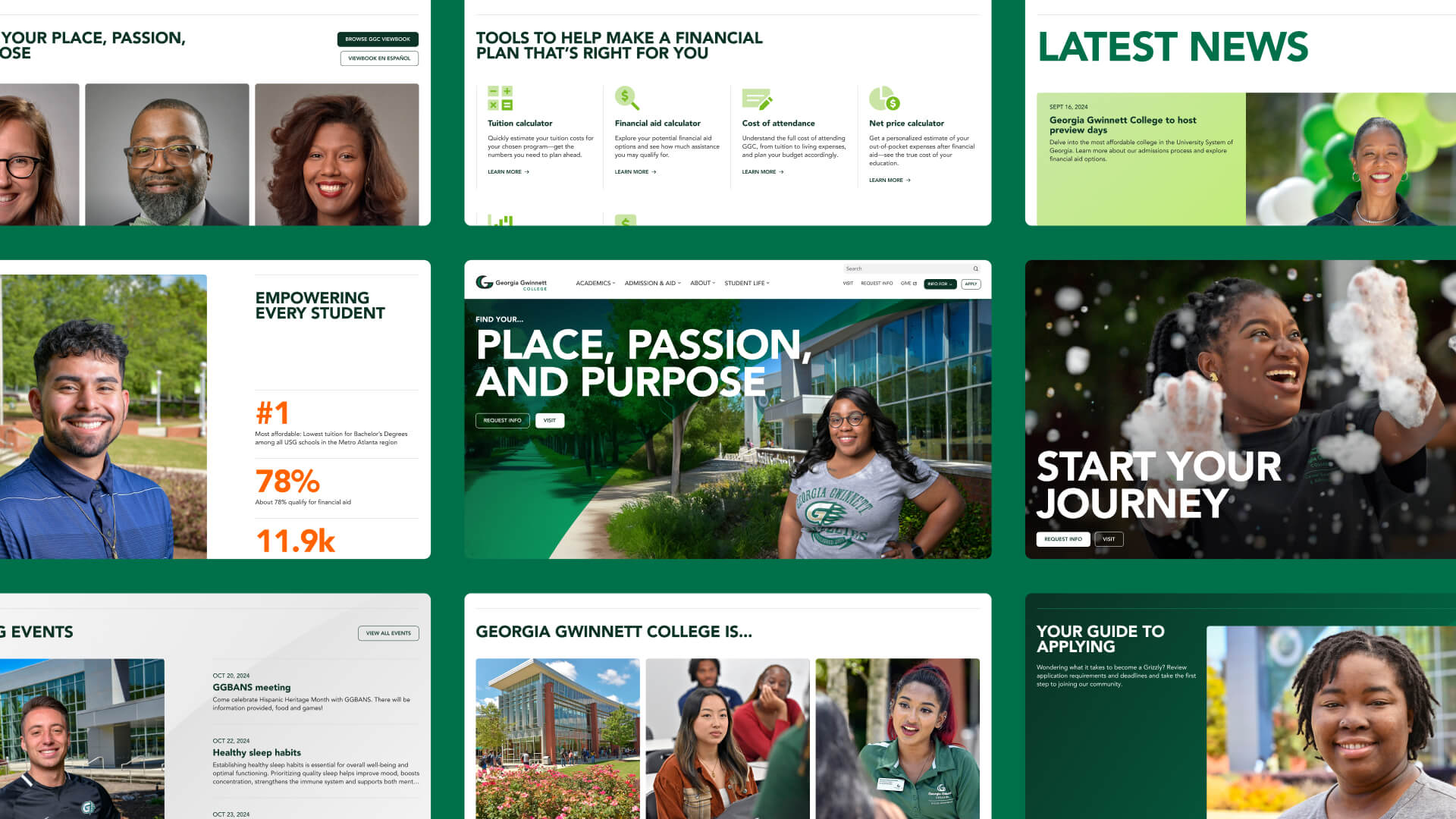 9 different screenshots of different pages of the GGC website