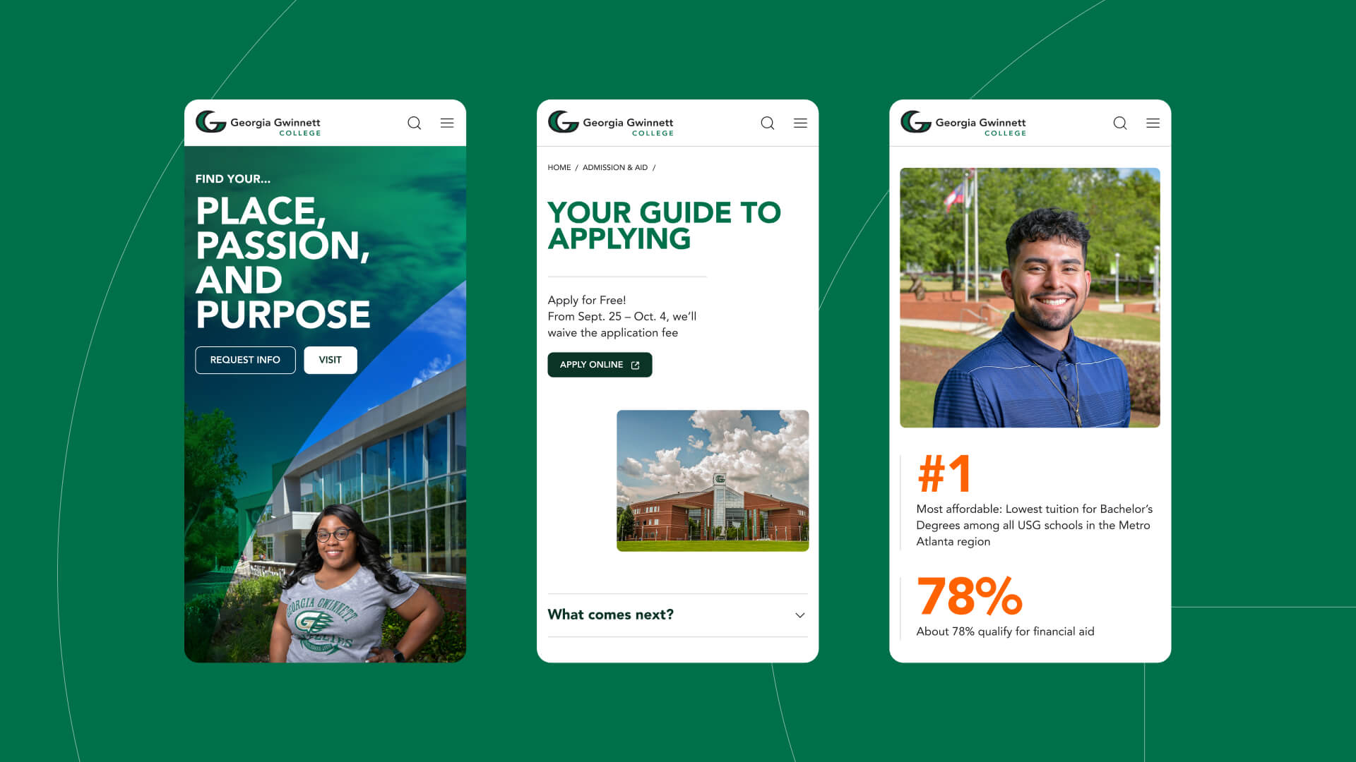 3 screenshots of the GGC mobile website, the homepage, the guide to applying page and a page showing that GGC is the #1 most affordable tuition among USG schools in the metro Atlanta region