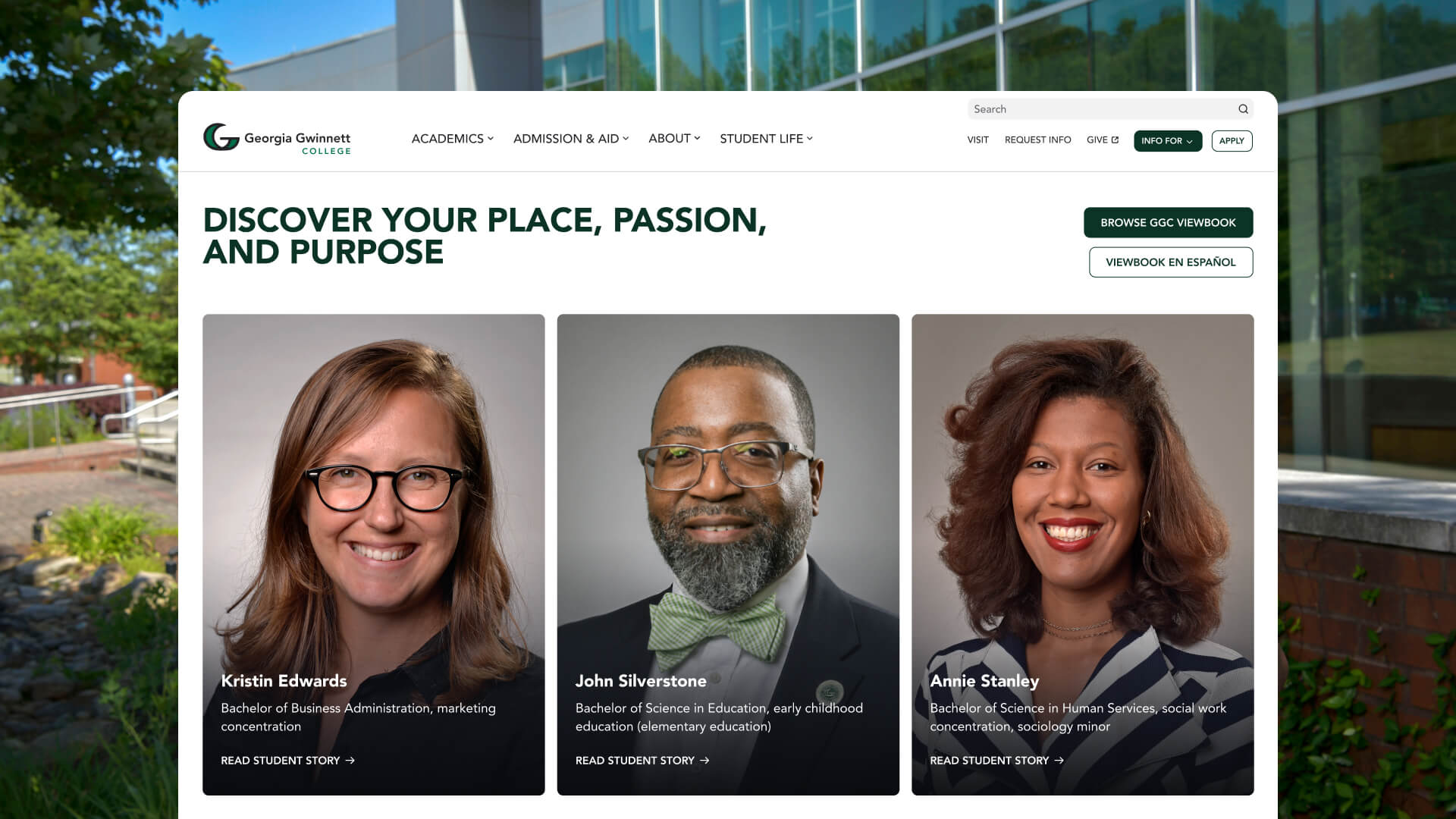 Georgia Gwinnett College webpage featuring the headline “Discover your place, passion, and purpose” and three student profile cards with portraits, degree programs, and links to read their student stories.