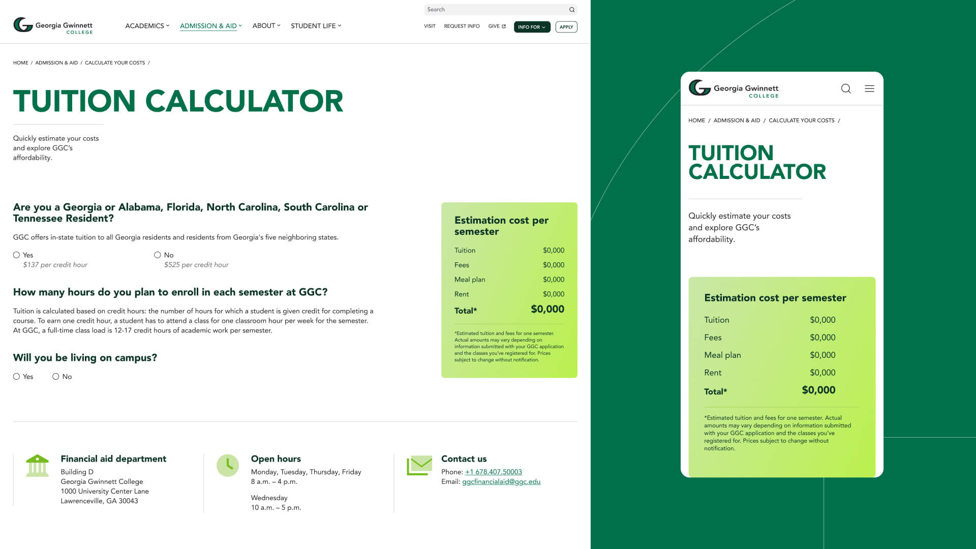 The GGC tuition calculator on desktop and mobile