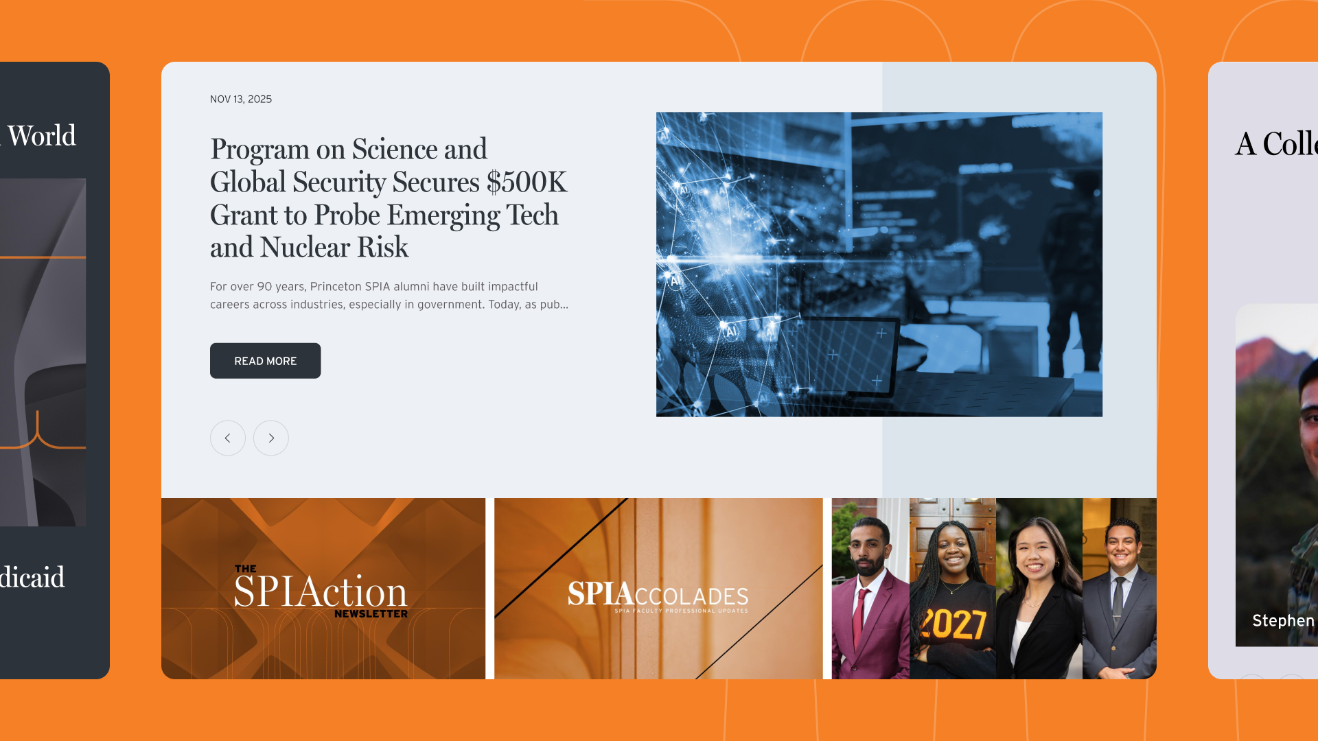 Screenshot of the SPIA homepage showing a news article banner about a grant received for a science and global securities program, with smaller news article headers below.