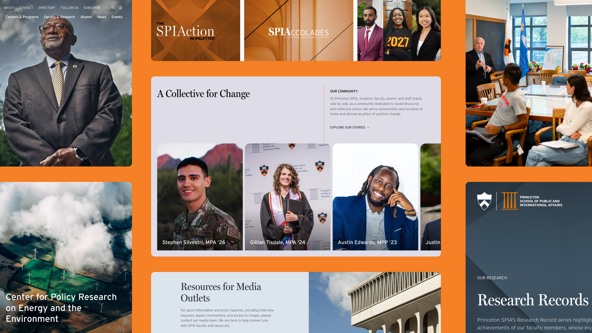 Seven screenshots of the SPIA homepage arranged in a grid.