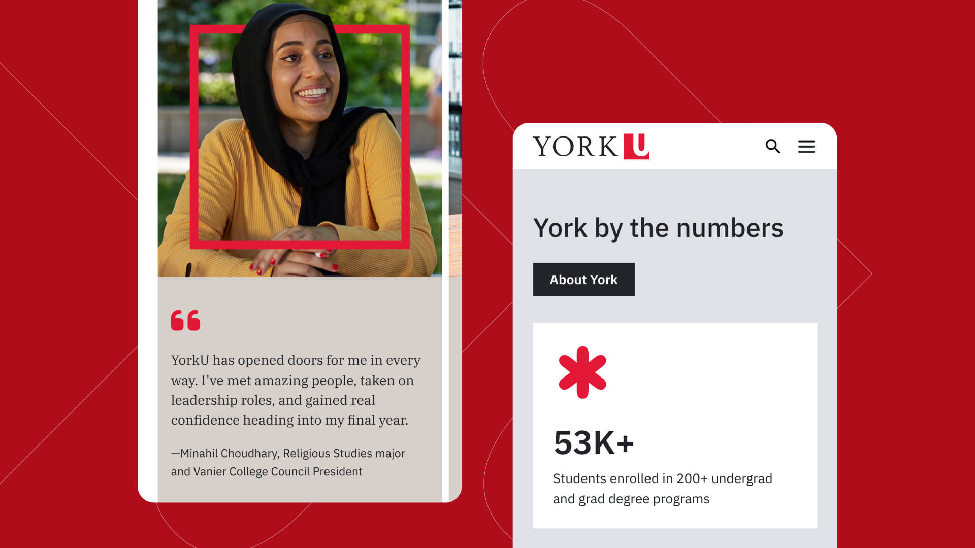 Two mobile screenshots of the York U homepage