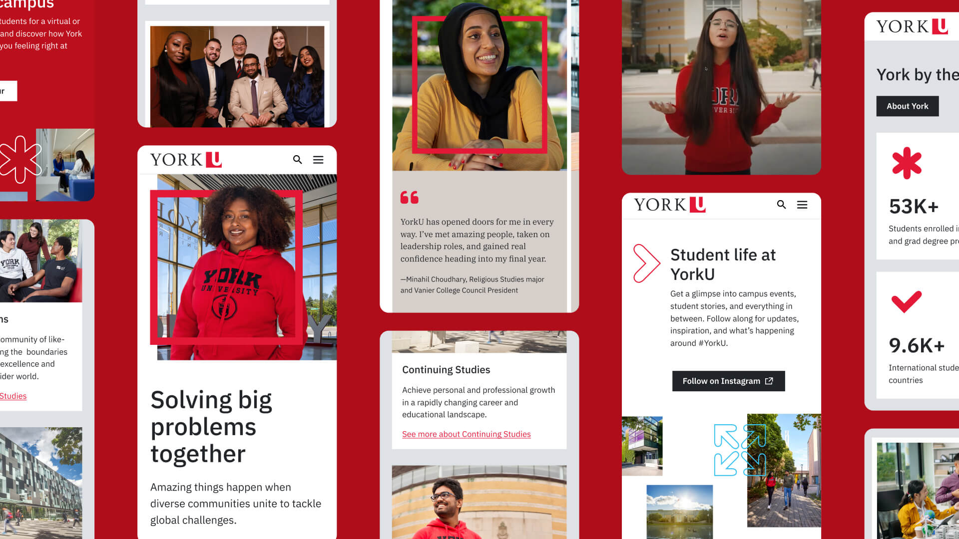 A grid of 10 different mobile screenshots of the York U homepage