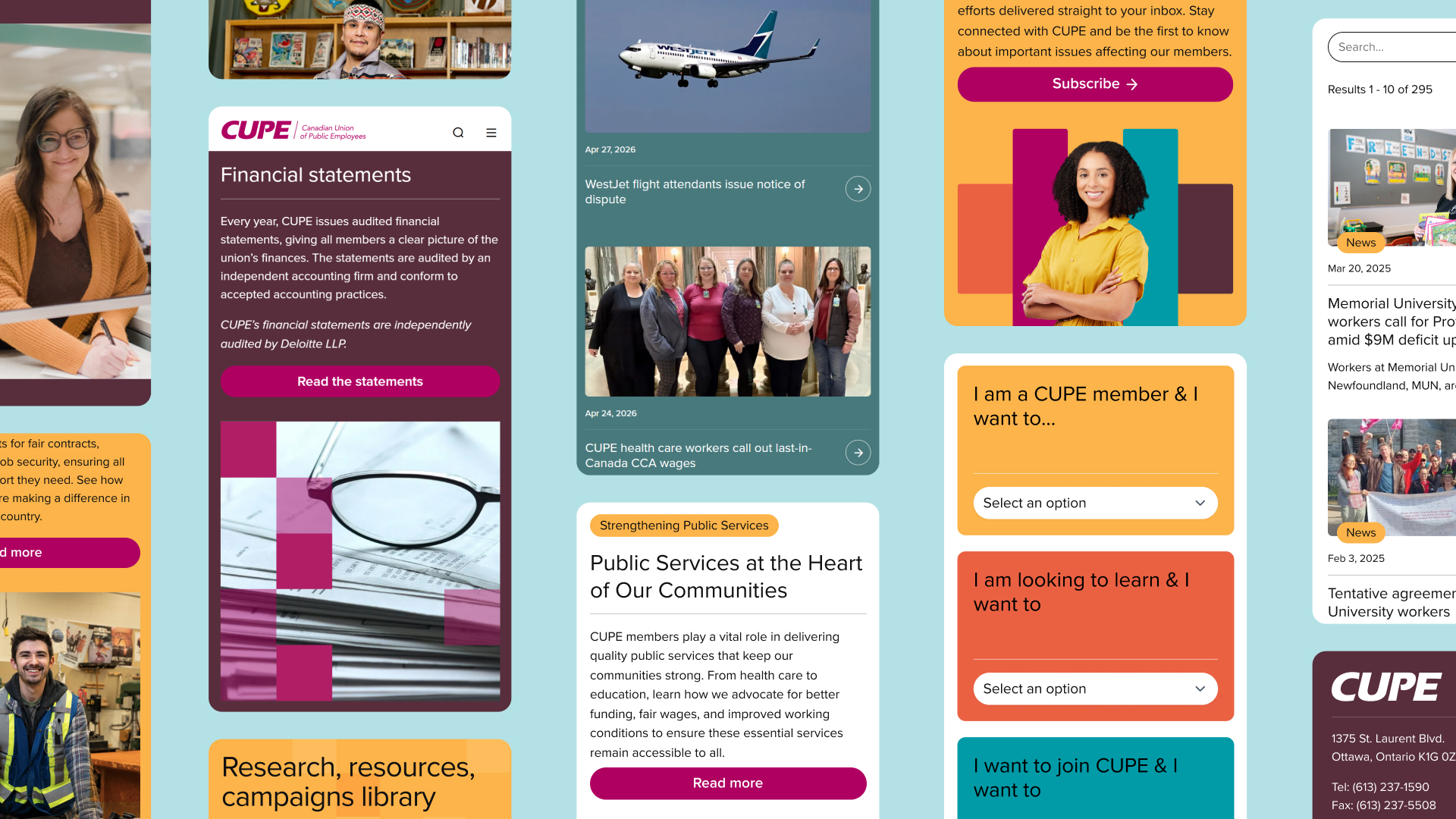 Mobile showcase of CUPE website pages