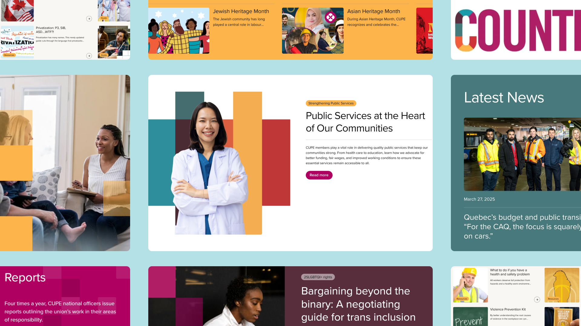Grid of nine CUPE website screenshots