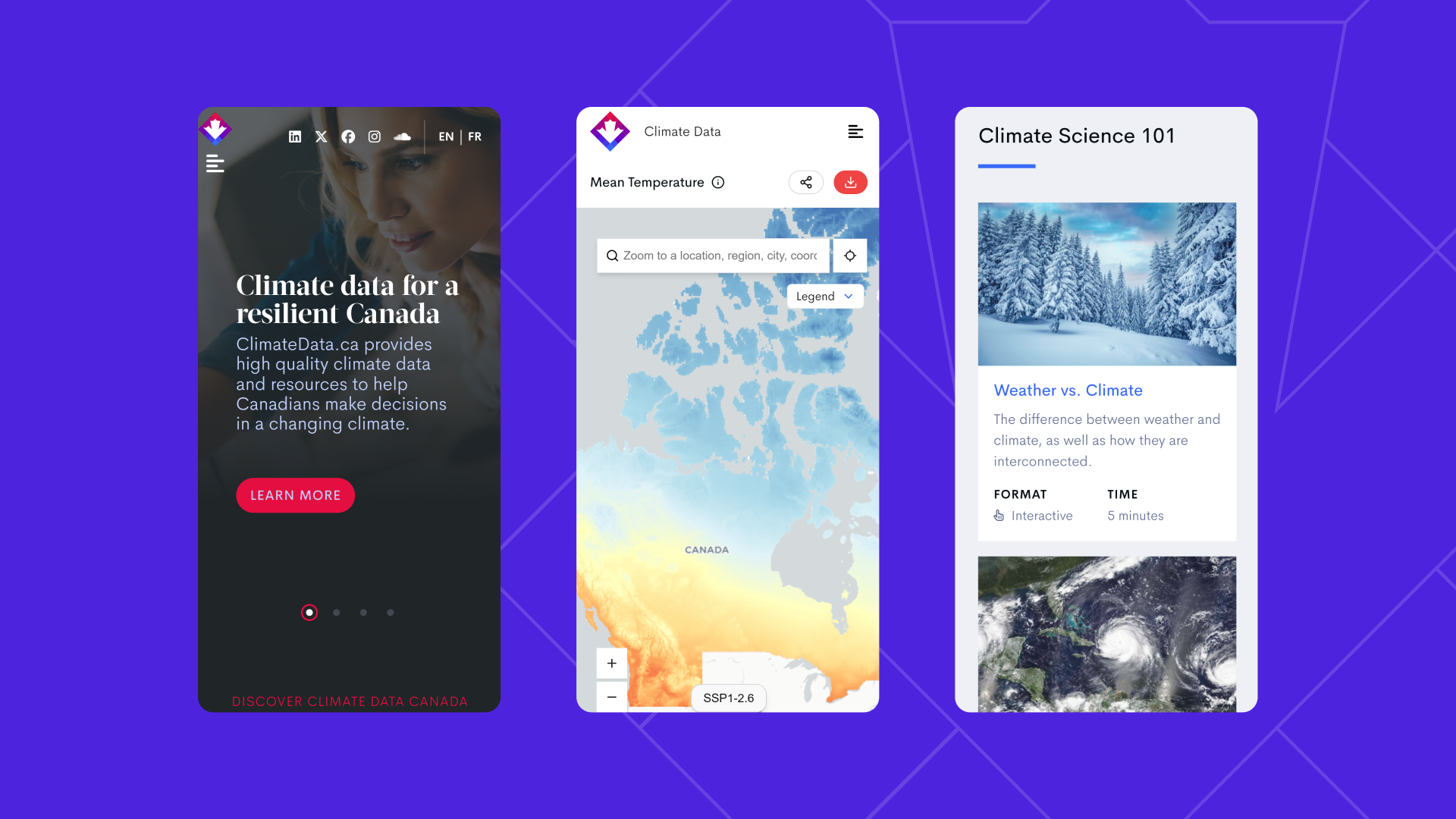 Three mobile screenshots of the Climate Data website