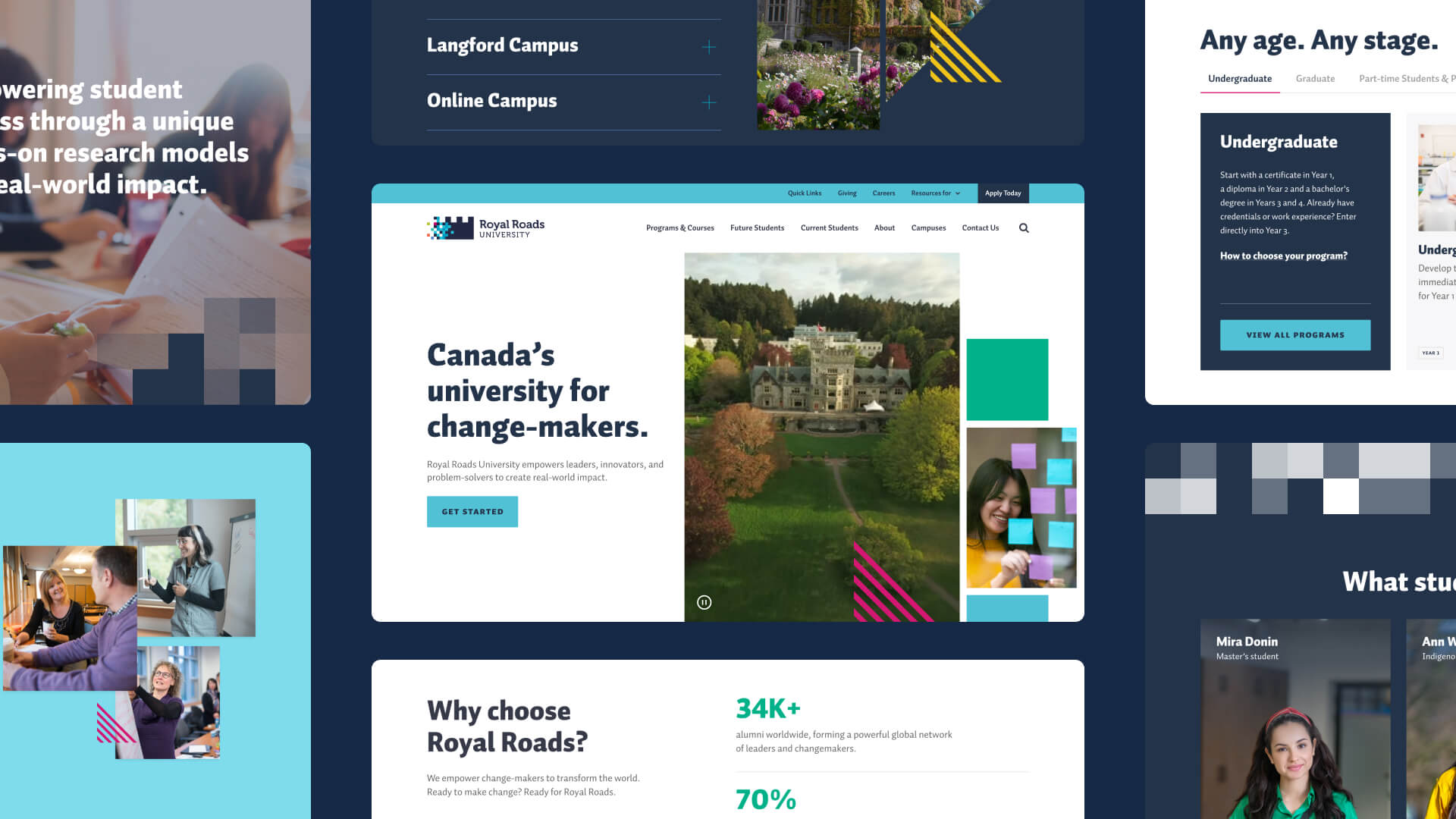 Grid of seven pages of the Royal Roads University website