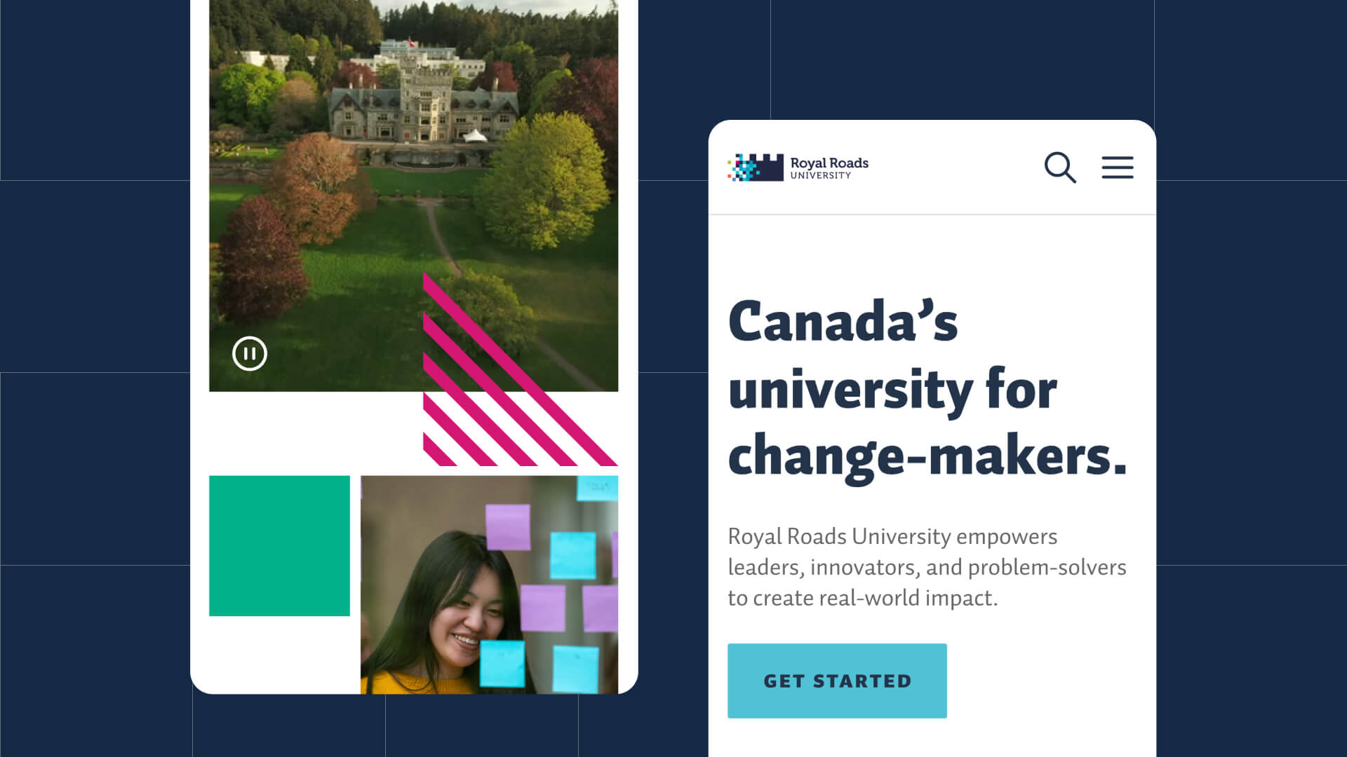 Screenshot of two mobile pages of the Royal Roads University website