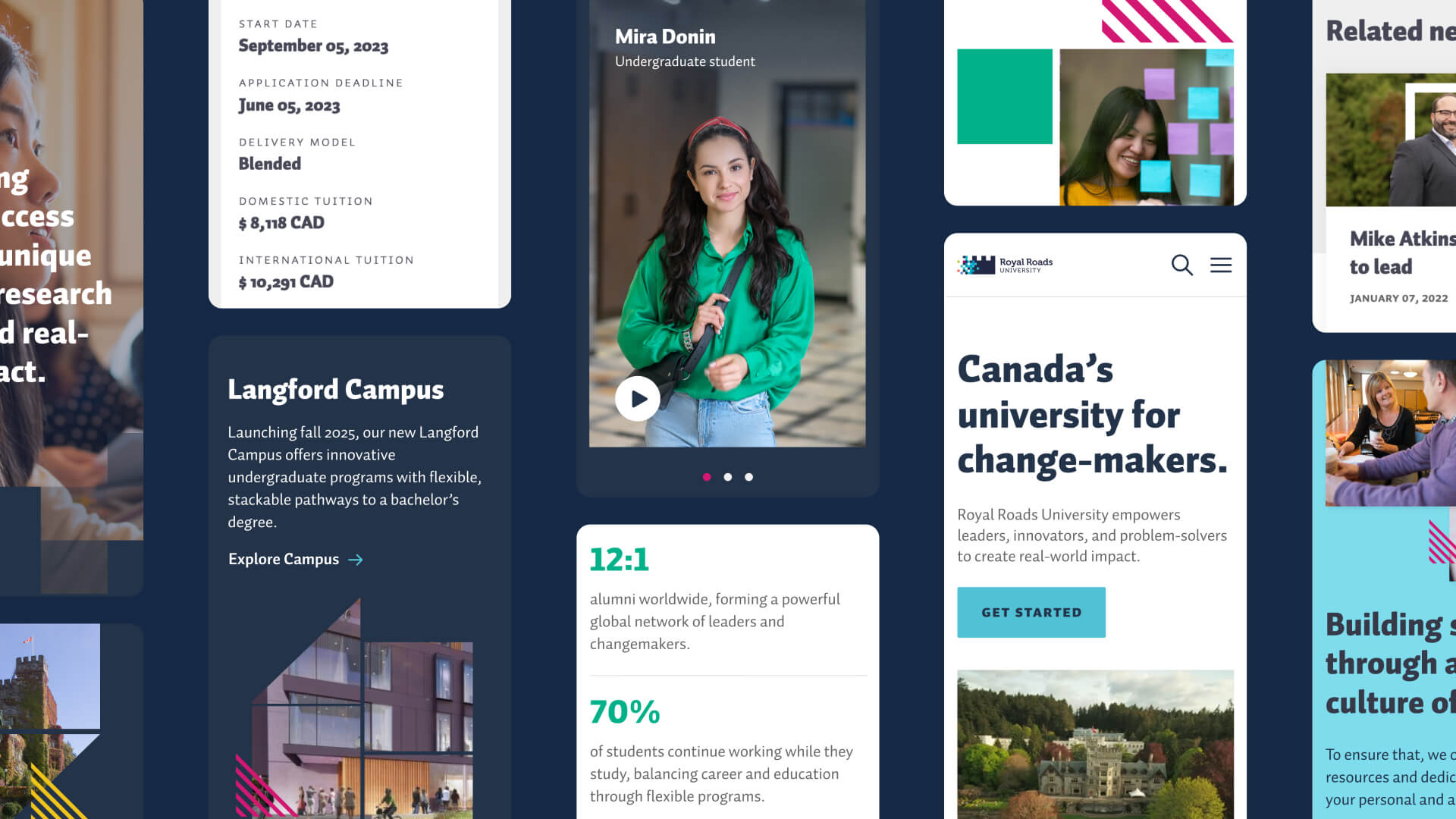 Mobile showcase of pages on the RRU website
