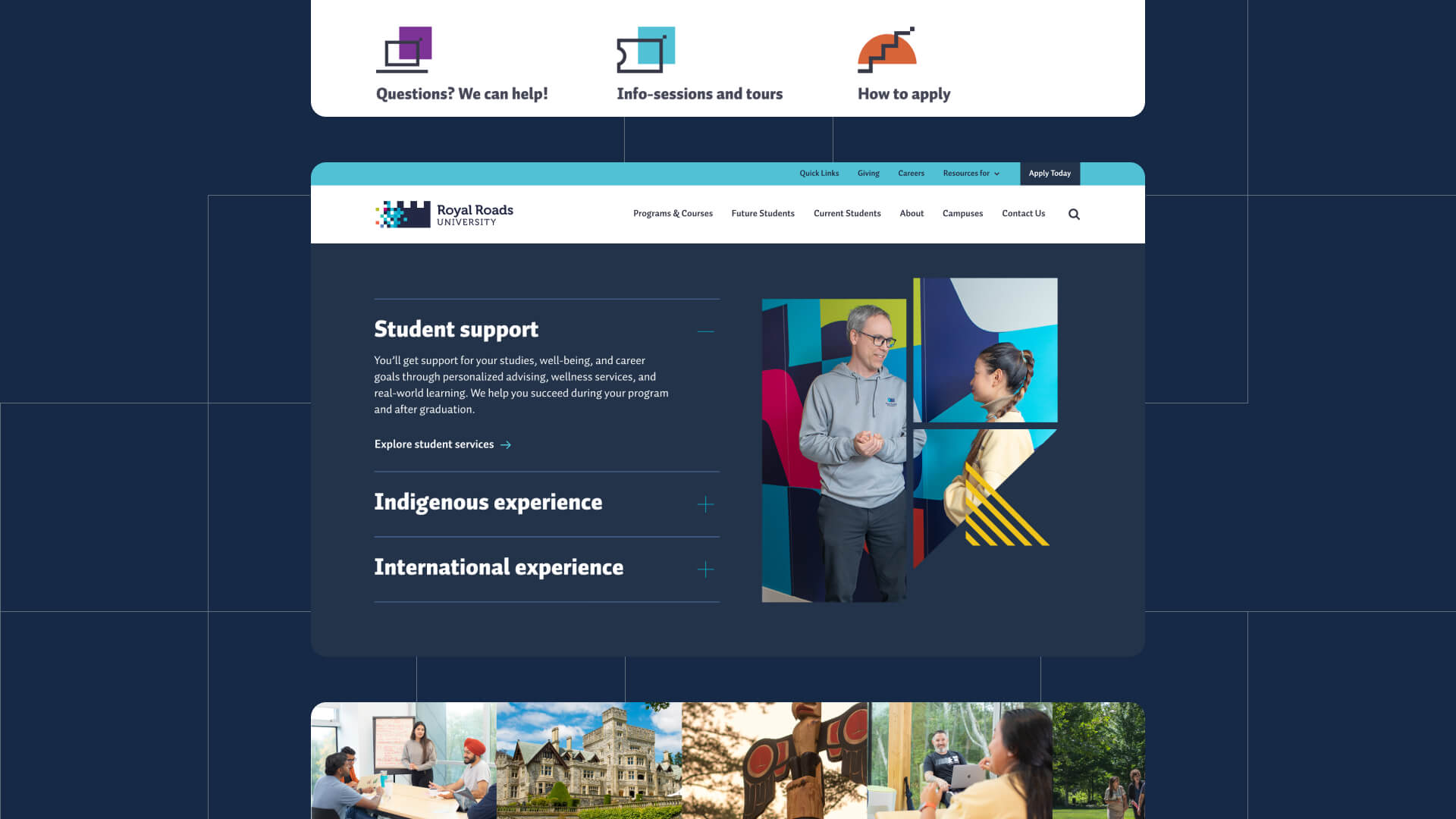 Screenshots of the Royal Roads University website