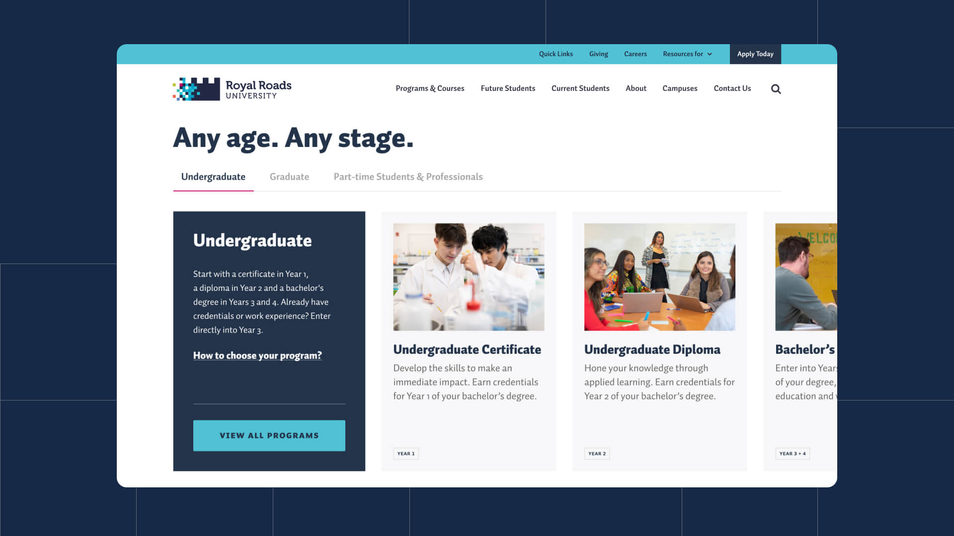 Screenshot of the Royal Roads University website