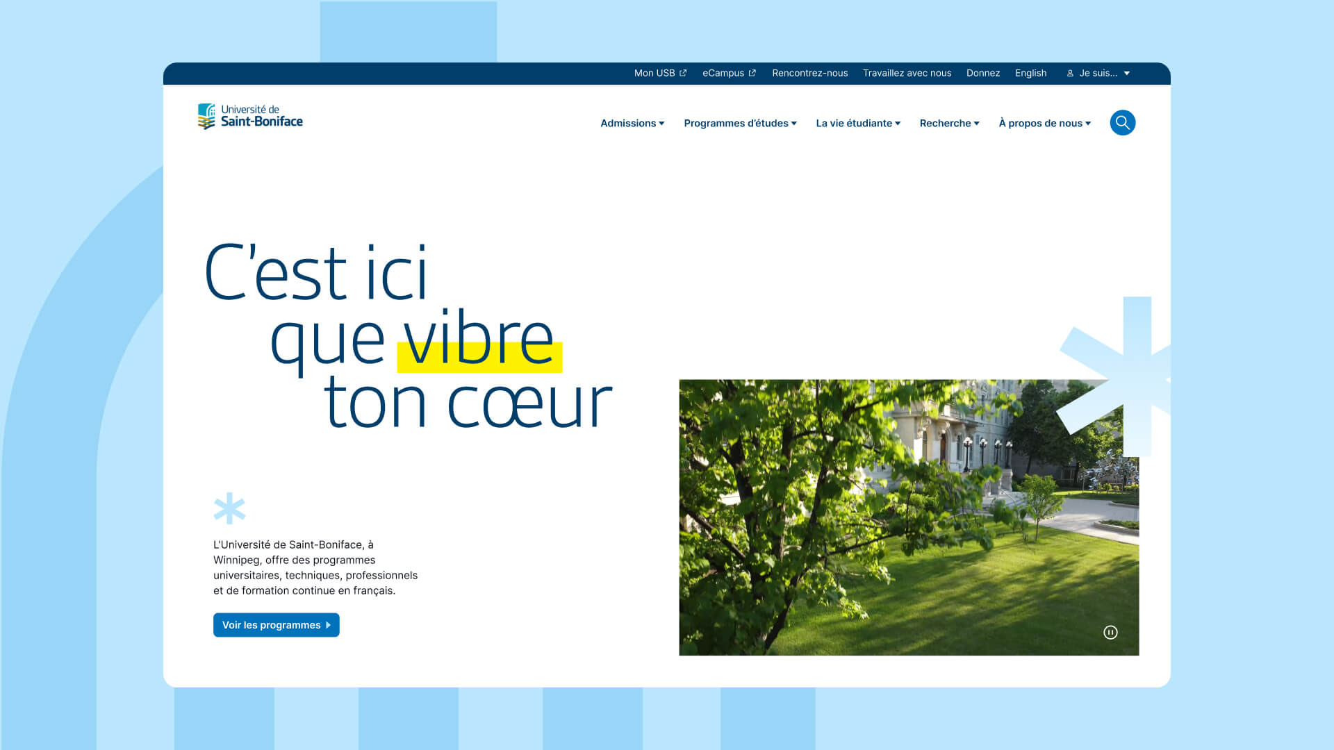 Capture d'écran du site Web du l'Université de Saint-Boniface