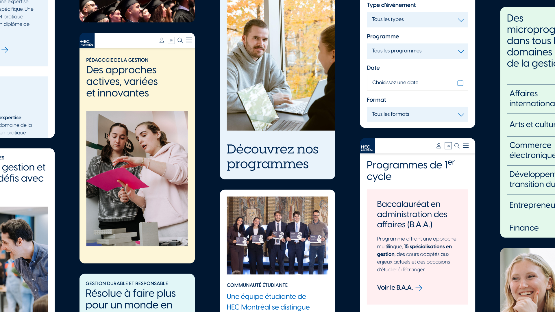Captures d'écrans mobiles du site web de HEC Montréal