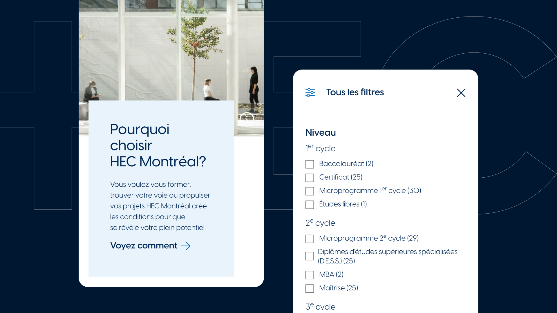 Deux captures d'écrans mobiles du site web de HEC Montréal