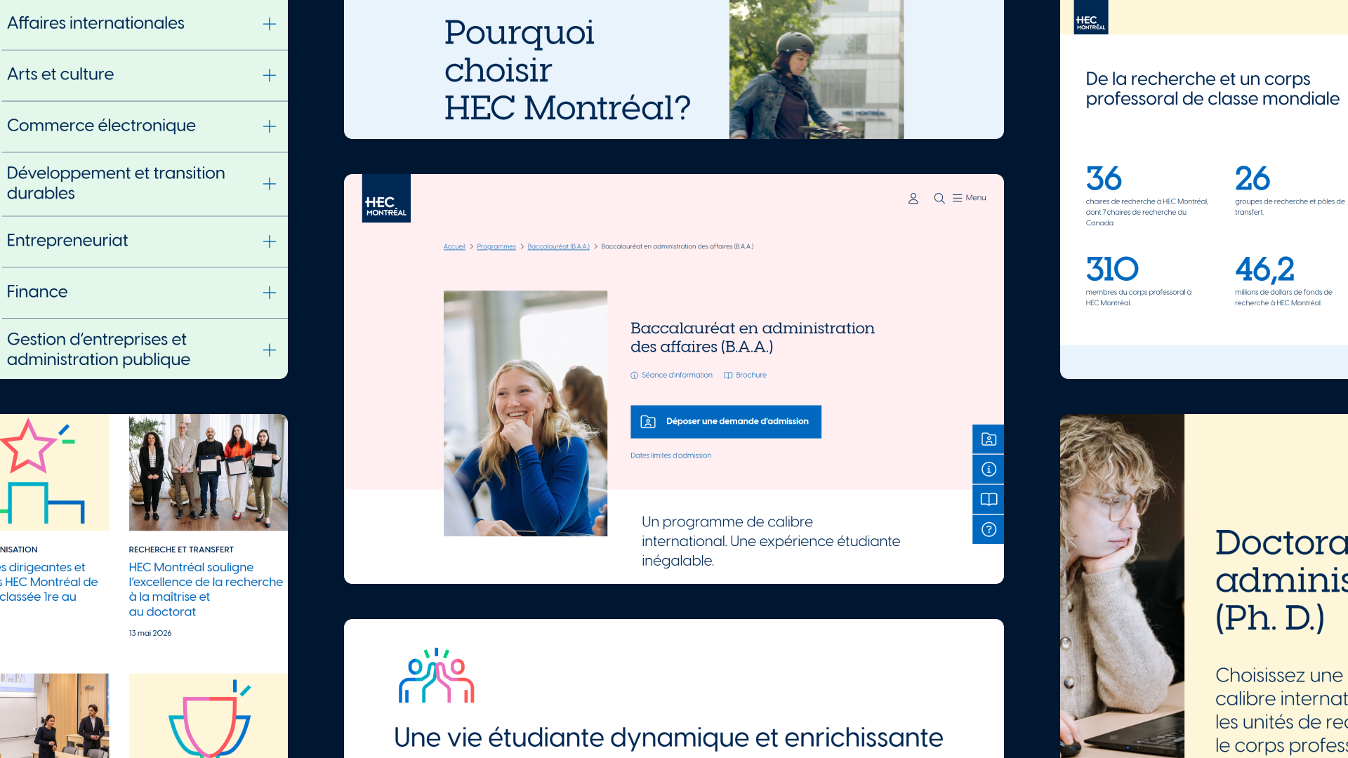 Grille de 7 captures d'écran du site web de HEC Montréal