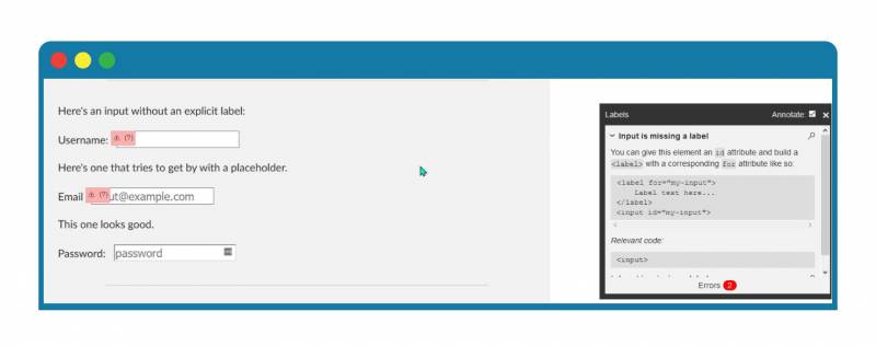 A screenshot example of tota11y accessibility audit findings