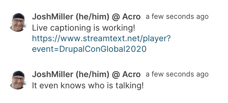 A series of tweets about the live closed captioning feature at DrupalCon 2020