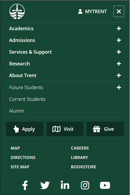 The megamenu on Trent University's website