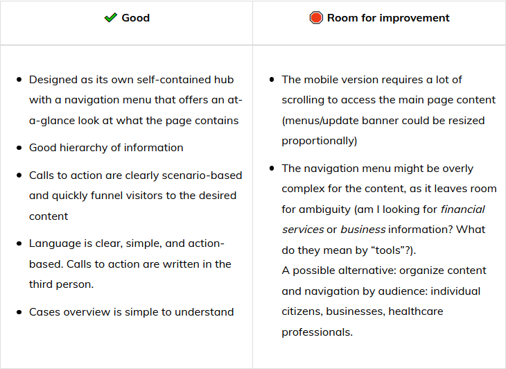 UX comparison table