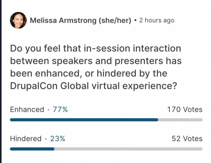 A poll where 77% of respondents said that in-session interaction has been enhanced by the virtual DrupalCon experience