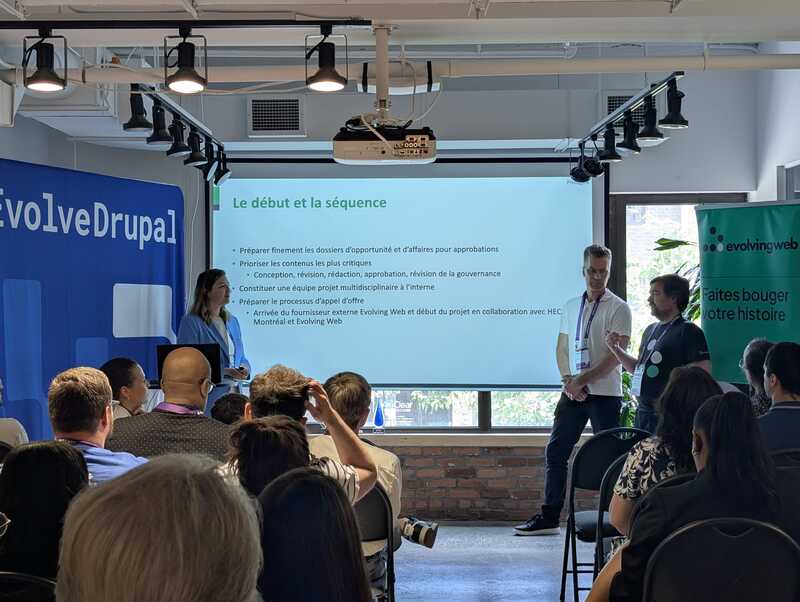 Alexandra Claveau and Vincent Demers of HEC Montréal, with Sébastien Lemieux of Evolving Web, present the HEC Montréal website migration and redesign to an audience.