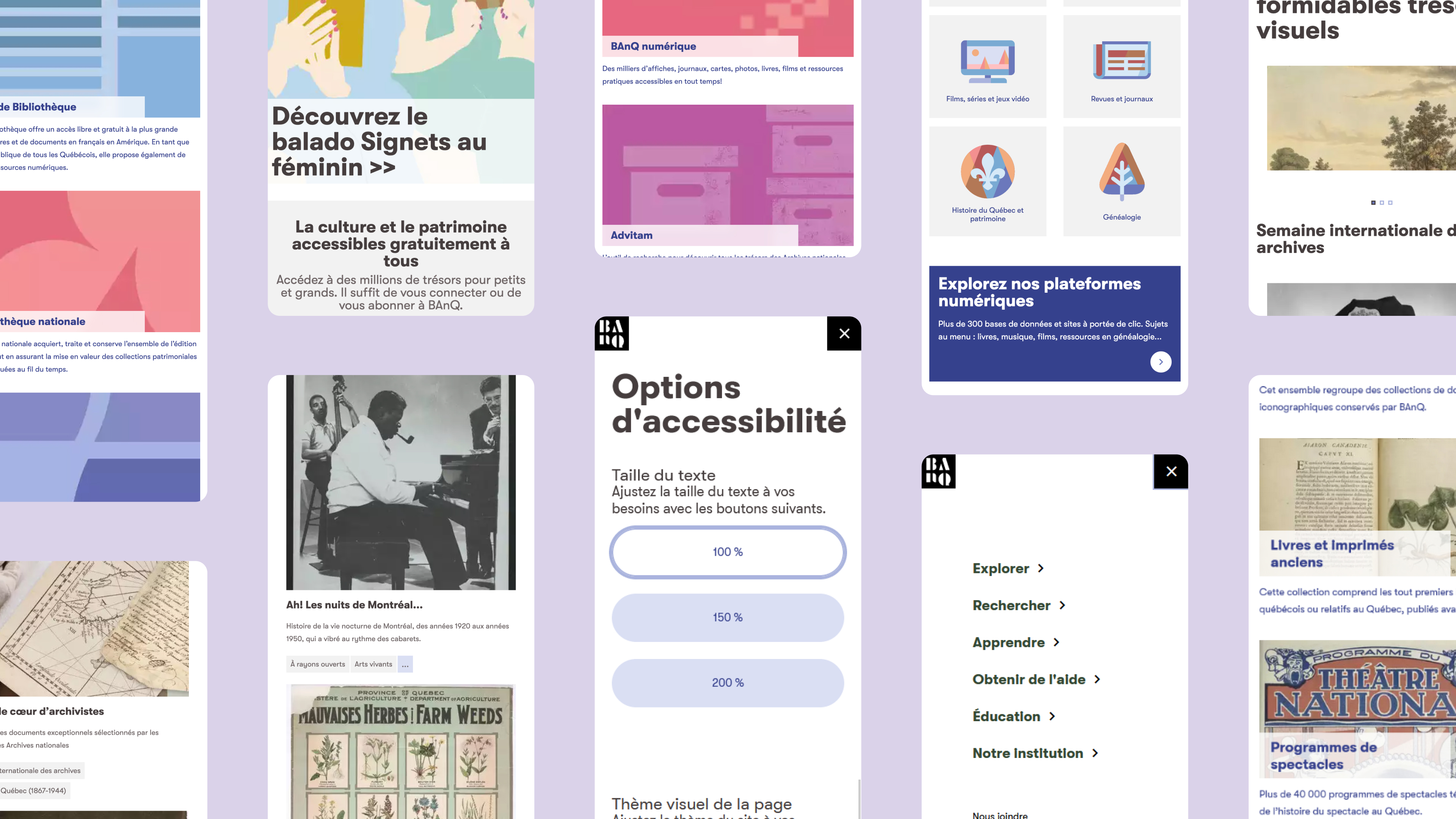 A composite image showcasing 10 mobile screenshots of the Bibliothèque et Archives nationales du Québec (BAnQ) website, highlighting its modern, user-friendly interface and accessible features.