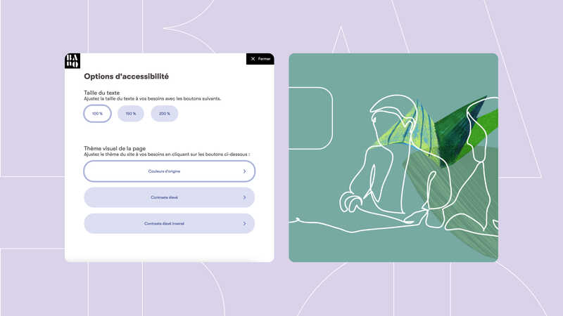Image shows a window and an illustration from the BAnQ website. The window presents accessibility options including text size and colours. The illustration is line art of people over a green abstract background.