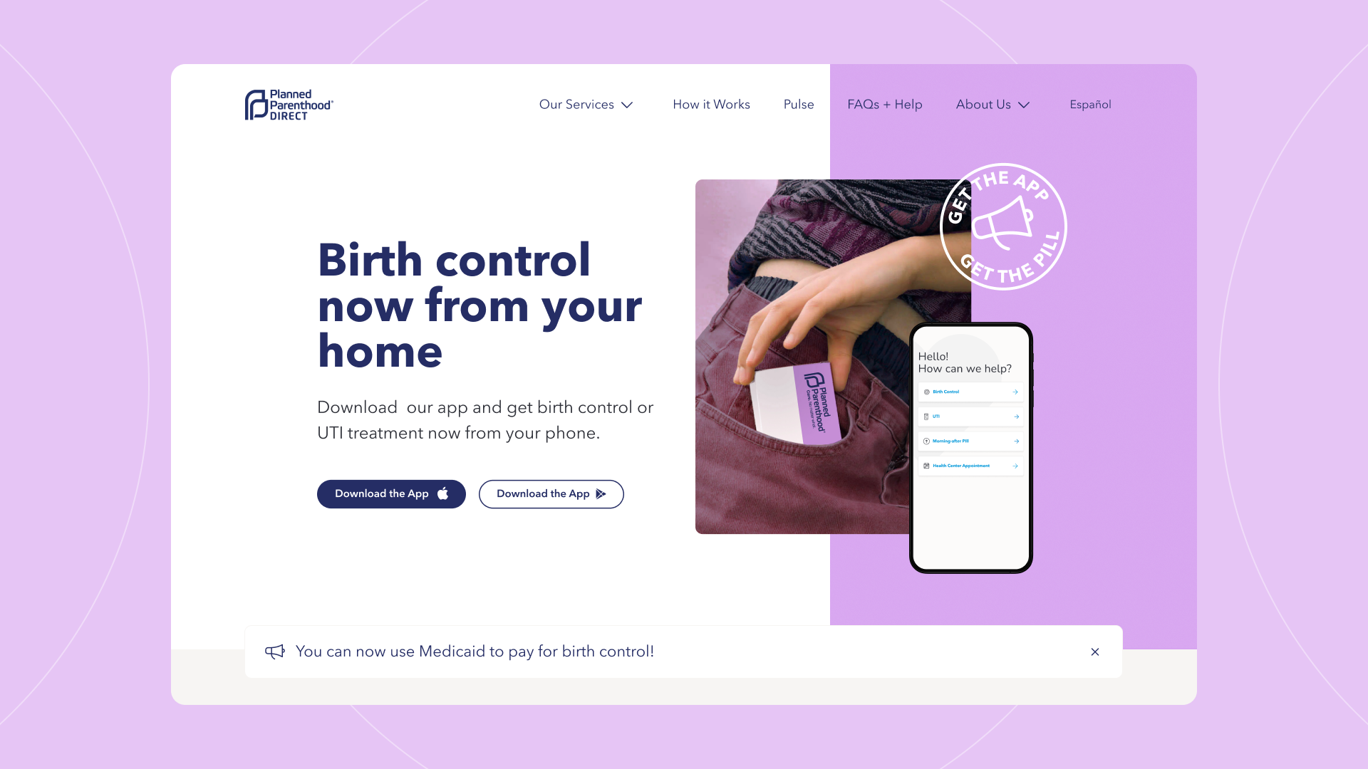 Landing page titled "Birth control now from your home"