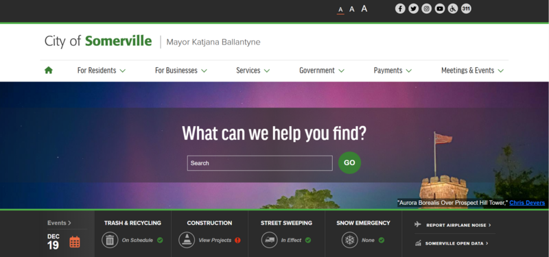  Screenshot of the City of Somerville front page with a search function and key info