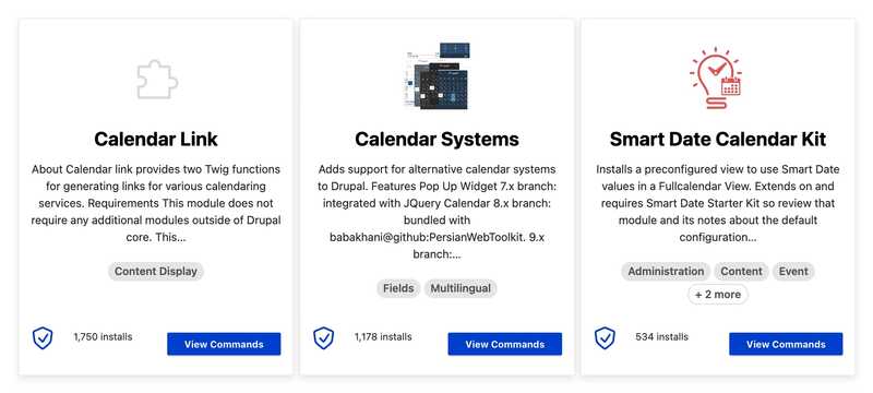 A screenshot shows three module search results. Each has a title, description, category tags, security policy icon, installation count, and ‘View Commands’ button.