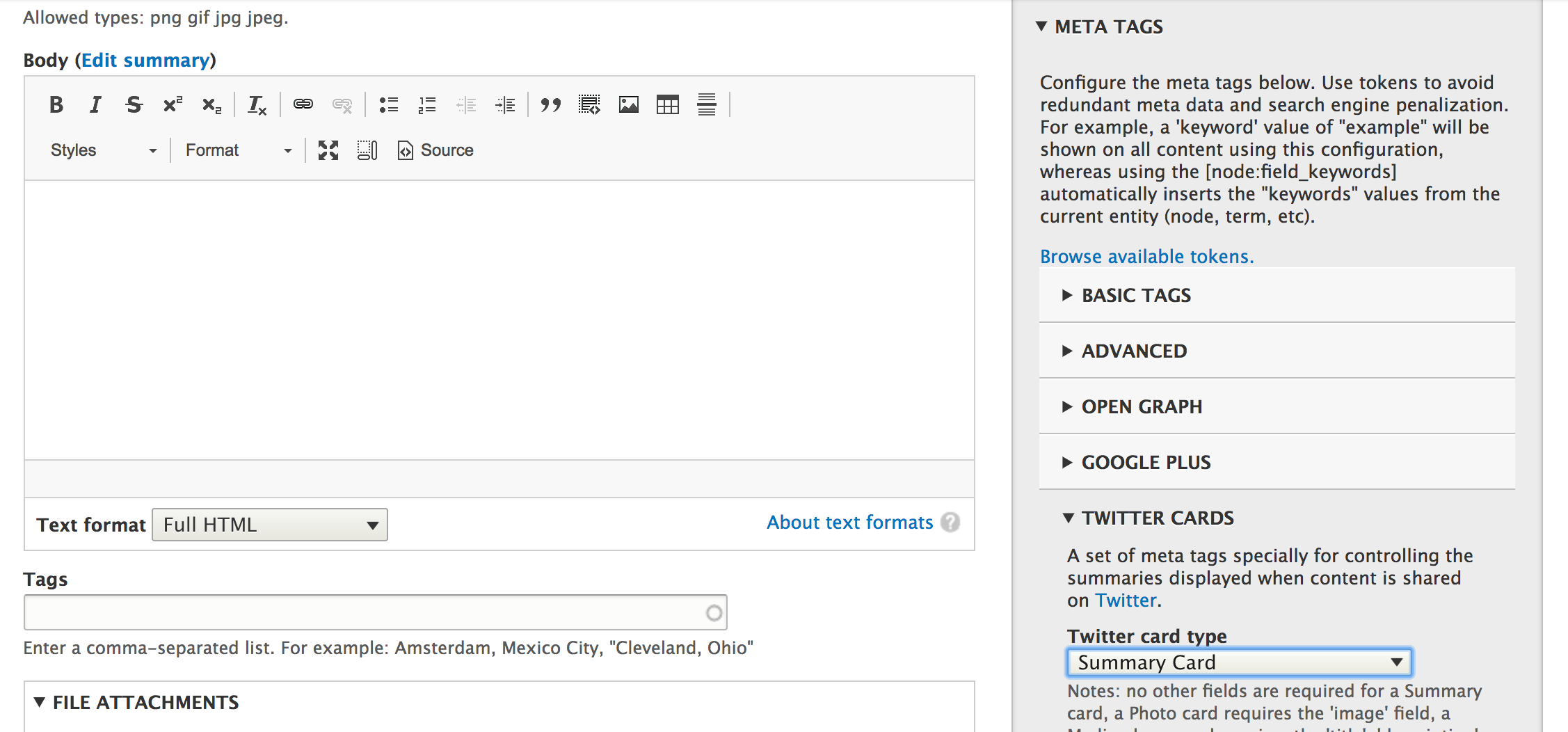 Screenshot of Metatag configuration for Drupal 8