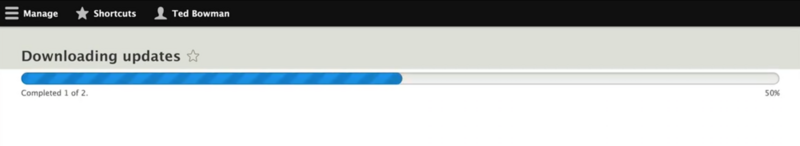 A screenshot of a blue progress bar below the text “downloading updates.”