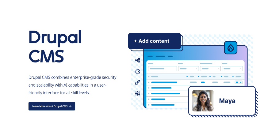 An official graphic showcasing Drupal CMS features alongside a demo page highlighting ease of use for all skill levels.