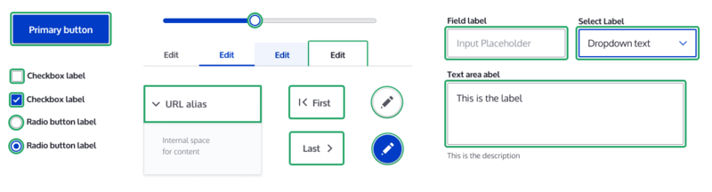 A screenshot of buttons, fields, checklists, and other elements outlined in green to indicate focus state.