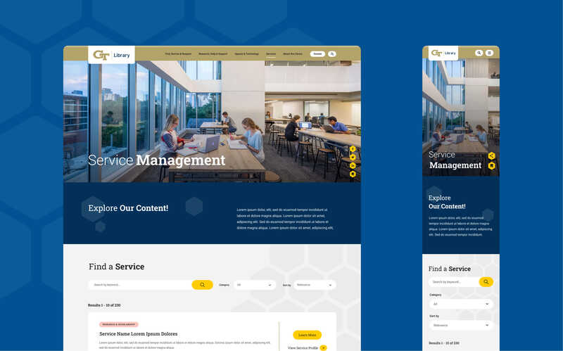 Screenshots show the desktop and mobile views of the Explore page on the Georgia Tech Library website. The site imagery shows students working at large desks next to tall windows in the library building. 