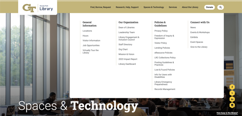 Screenshot of a Georgia Tech Library page, showcasing a composed menu.