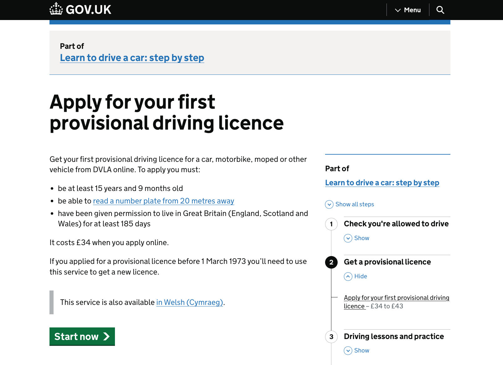 A web page that helps users apply for a driver’s licence.