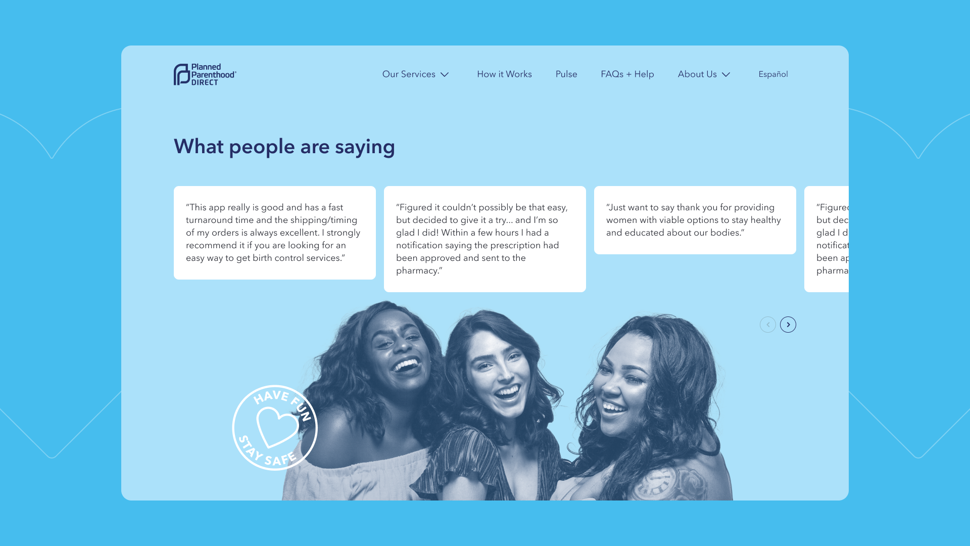 Three women sitting together, smiling and laughing, reflecting the positive experiences shared by users of the Planned Parenthood Direct app.