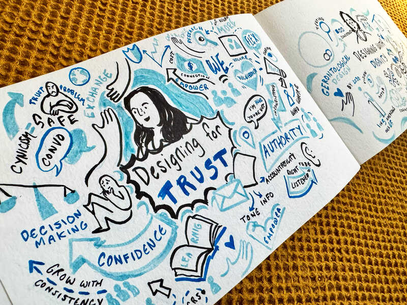 A sketch of takeaways from Designing for Trust, featuring a sketch of Margot in the centre