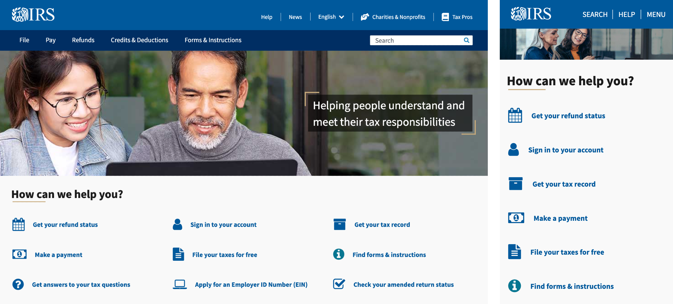 The IRS homepage on desktop and mobile. 