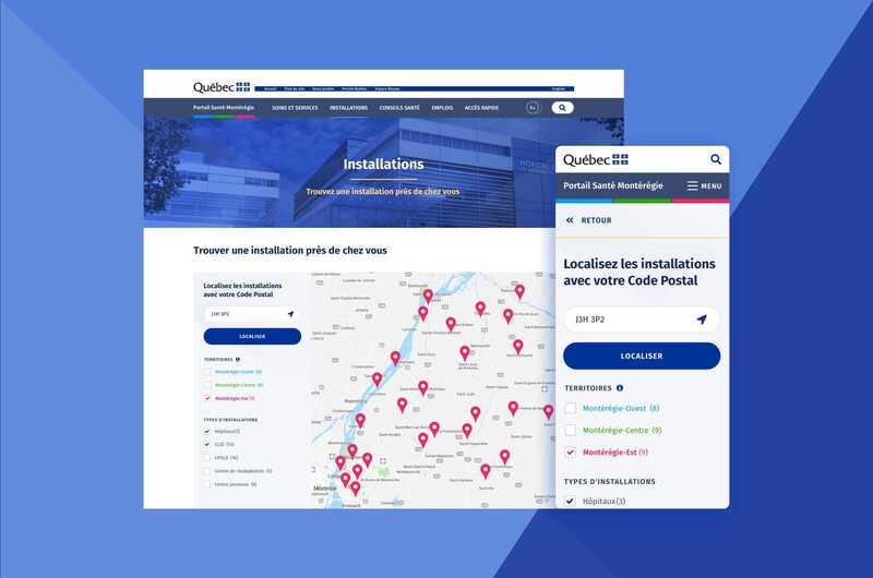 A screenshot of search results on a map on the Santé Montérégie health services portal. 