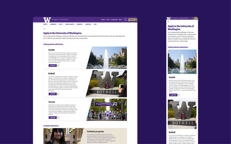 A screenshot of a landing page for undergraduate admissions to campuses in Seattle, Bothell, and Tacoma. 